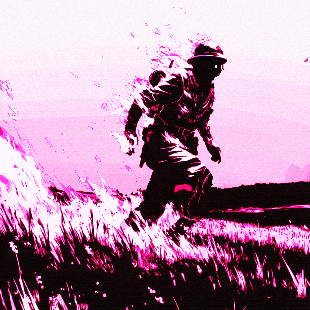 A soldier marches through burning grass while magenta flames consume his body