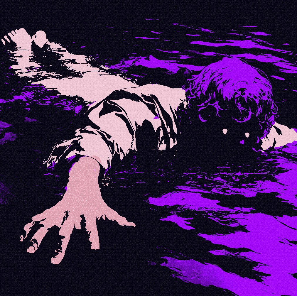 A figure with glowing eyes crawls half-submerged through black water