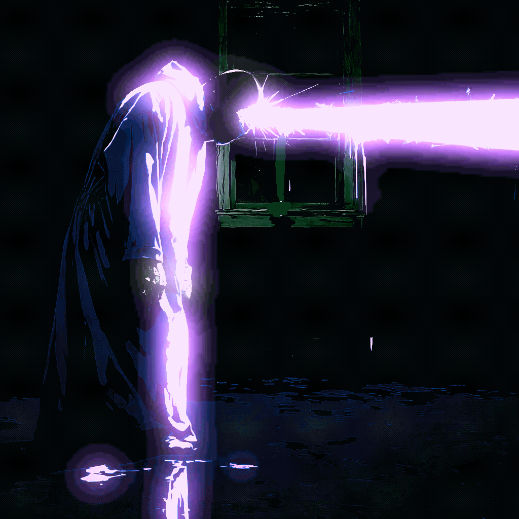 A hooded figure bows its head as a beam of violet light passes straight through its skull