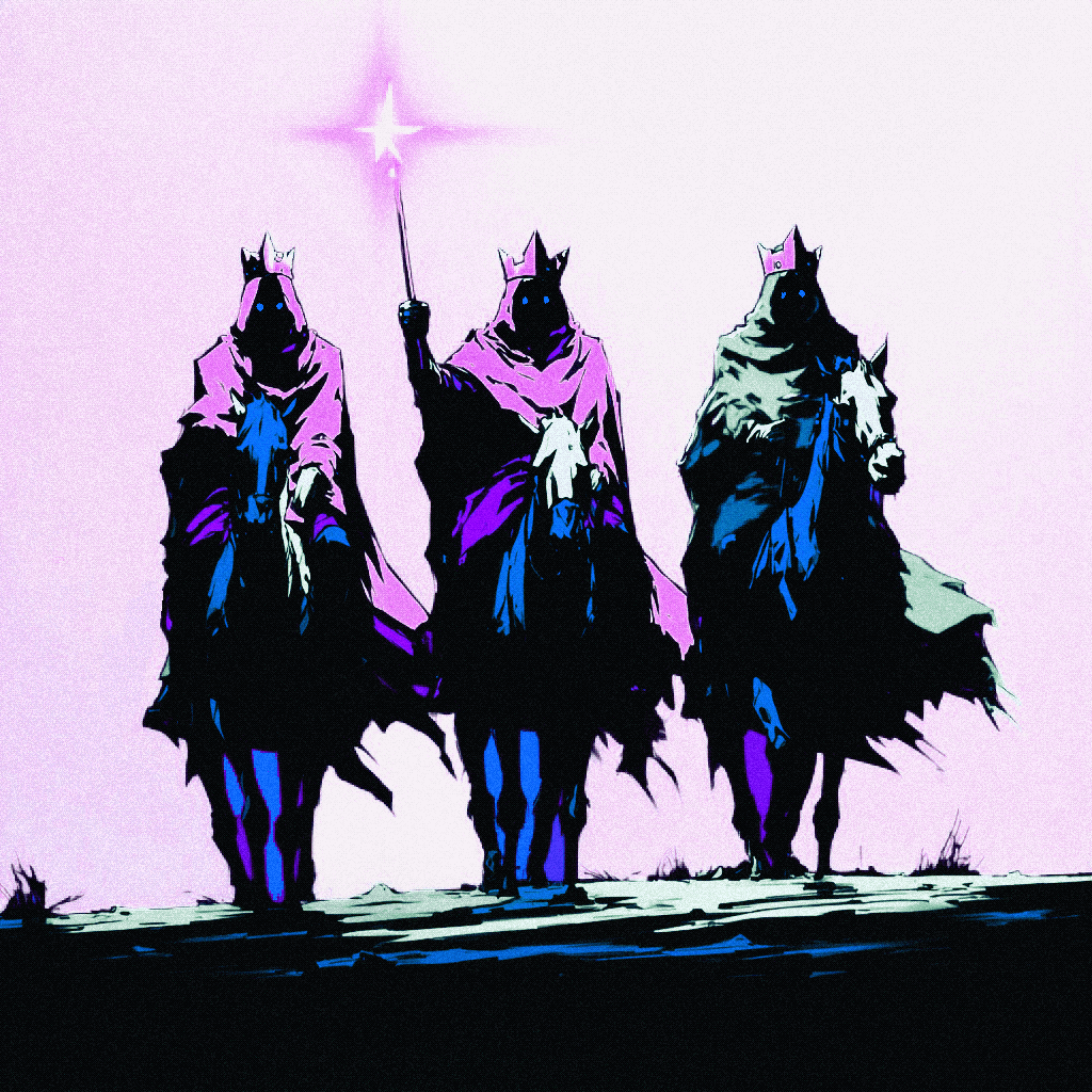 Three hooded riders on horseback follow a glowing violet star held aloft on a staff