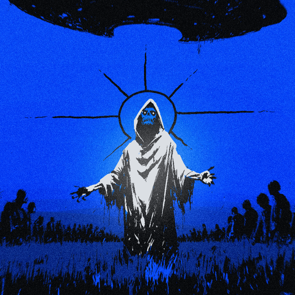 A robed figure with a spiked halo stands before a crowd of silhouettes, a dark disc hovering above